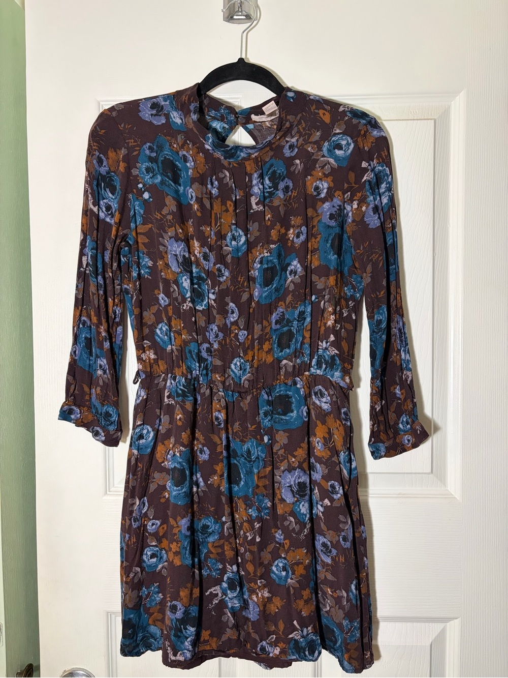 Forever 21 Brown Floral Long Sleeve Dress with Teal and Purple Blooms